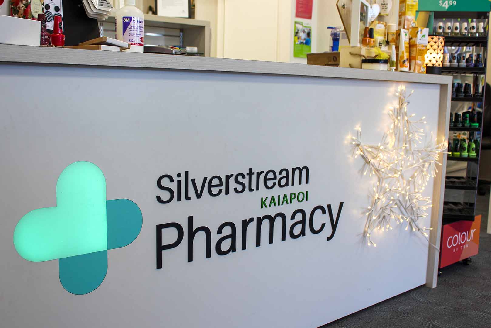 Silverstream Kaiapoi Pharmacy signage on the retail counter